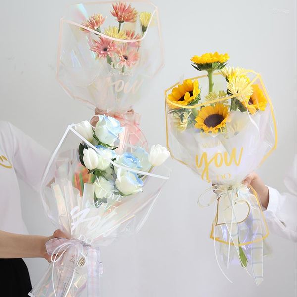 Confezione regalo Confezione di bouquet di fiori da 30 pezzi Borsa in vetro trasparente inglese Carta da regalo con confezione di rose