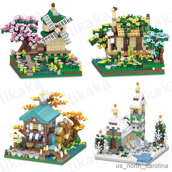 Blöcke Sakura Windmühle Haus Bausteine Diamant Fishman Hütte Straße Modell Spielzeug Micro Blocks Spielzeug für Jungen Mädchen Geschenke R230907