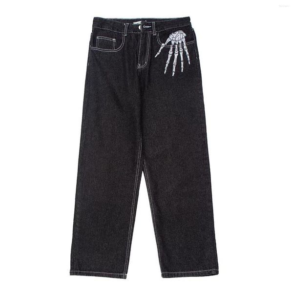 Jeans masculinos halloween esqueleto bordado bolso reto harajuku estilo solto calças casuais unissex sweatpants pantalones