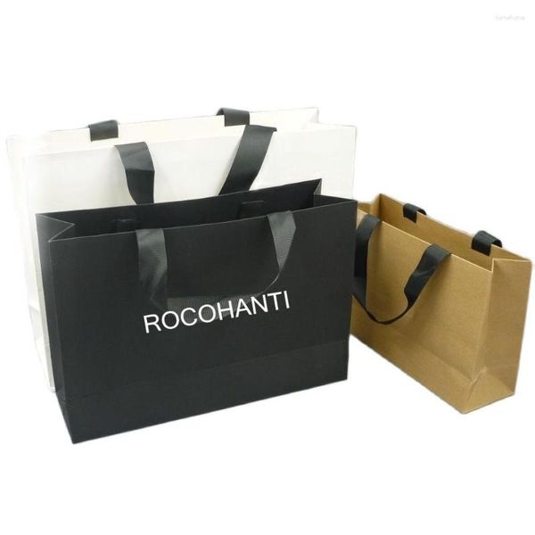 Envoltura de regalo 100x Venta al por mayor Personalizado Impreso su propio logotipo Blanco Marrón Negro Cartón Arte Papel Bolsas de compras con asas de cinta