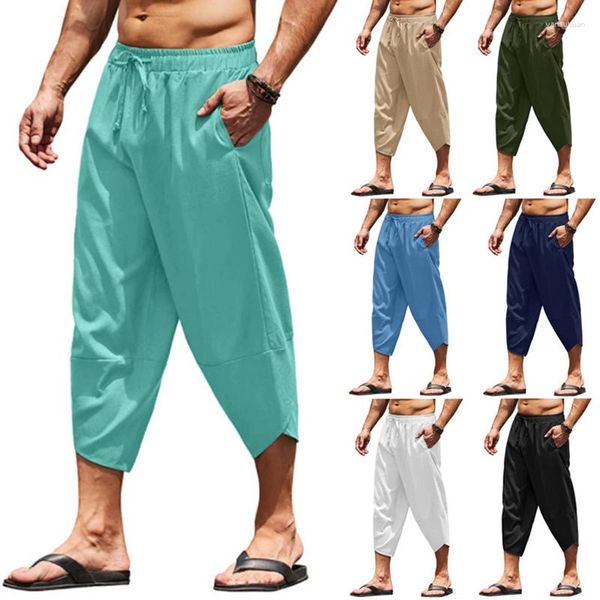 Pantaloni da uomo da uomo in cotone e lino Harem casual larghi ritagliati estivi tinta unita con coulisse pantaloni da spiaggia a gamba larga moda sportiva Pan