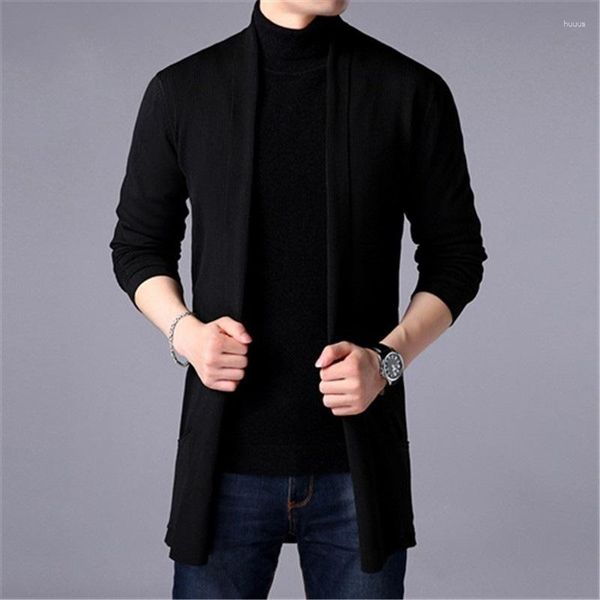 Suéteres masculinos 2023 homens longos de malha cardigan suéter primavera outono moda estilo coreano turn-down sólido bolso fino masculino