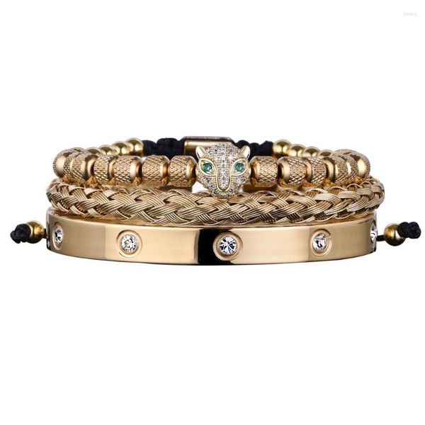 CHARM bilezikler Morooki Roman Kraliyet Erkekler 3pcs Pave CZ Leopard Head Paslanmaz Çelik Bangles Çift El Yapımı Takı Damağı