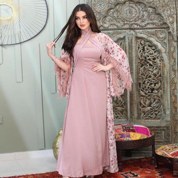 Etnik Giyim Md Abayas Kadınlar için Dubai 2023 Müslüman Setler Lüks Tüy Hırka İç Elbise 2 PCS Suit Kaftan Marocain Djellaba Femme