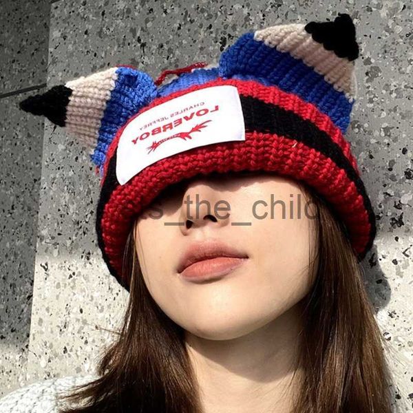 Beanie/Kafatası Kapakları Loverboy Kedi Kulak Örme Şapka Sonbahar ve Kış Çift Katmanlı Sıcak Hip Hop Sevimli Moda Yaması Kapşonlu Kap Niş Kişilik Coldhat X0907