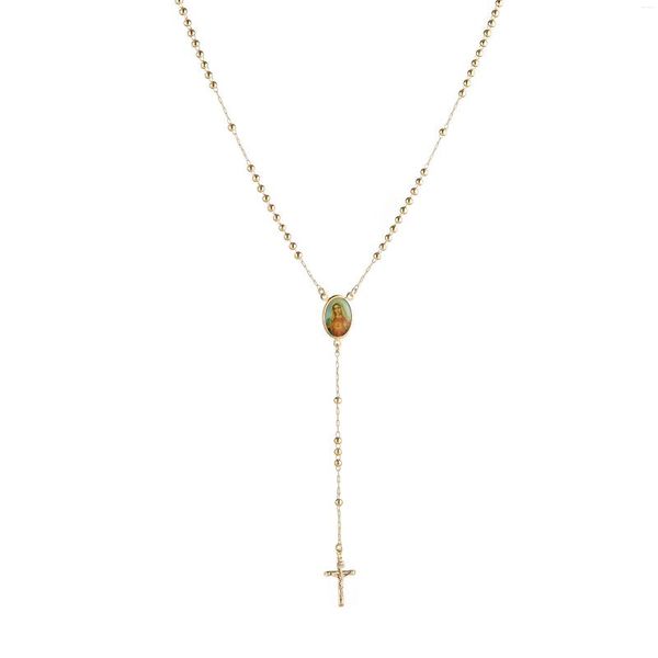 Catene HZMAN placcato oro 14K Dainty Y Collana Rosario Bead Vergine Maria Gesù Crocifisso Croce Girocollo regolabile per le donne Ragazze