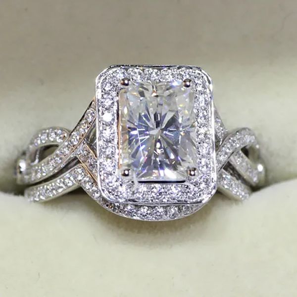 Preziosi anelli da dito con diamanti da laboratorio impostano fedi nuziali in oro bianco per feste per donne, gioielli di fidanzamento da sposa, regalo di coppia