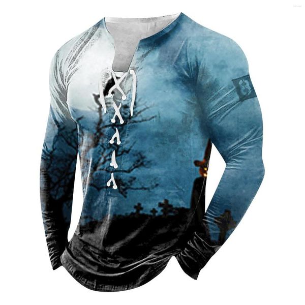 Homens camisetas Retro T-shirt Étnica Gráfico Top Roupas Halloween Outdoor Vintage Lace-Up Long Level Outono Plain Casual