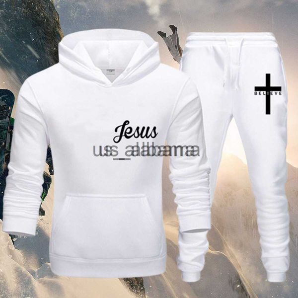 Homens Tracksuits Ao Ar Livre Eu Acredito em Jesus Cristo Imprimir Outono Inverno Esportes Casuais Terno Sólido Cor Com Capuz Cordão Aquecido Pano de Esqui X0907