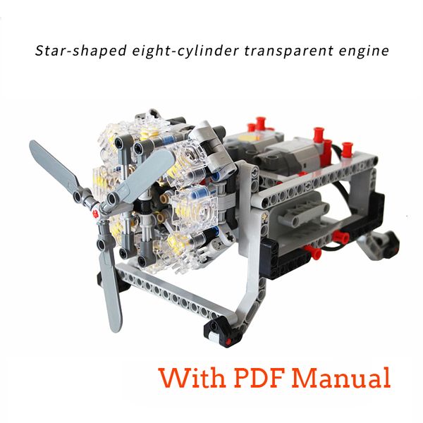 Flugzeug Modle MOC Kreative Elektrische Hightech Teile Bausteine Motor 8 zylinder Motor Mechanische Modell DIY erleuchten Spielzeug für kinder geschenk 230907