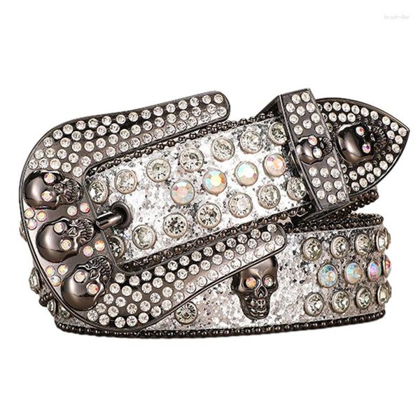 Cinture Cintura con strass con rivetti con teschio Cintura con strass occidentale Cowgirl Bling con borchie Design Y2K Nero Hip Hop PU in pelle di cristallo per donna uomo