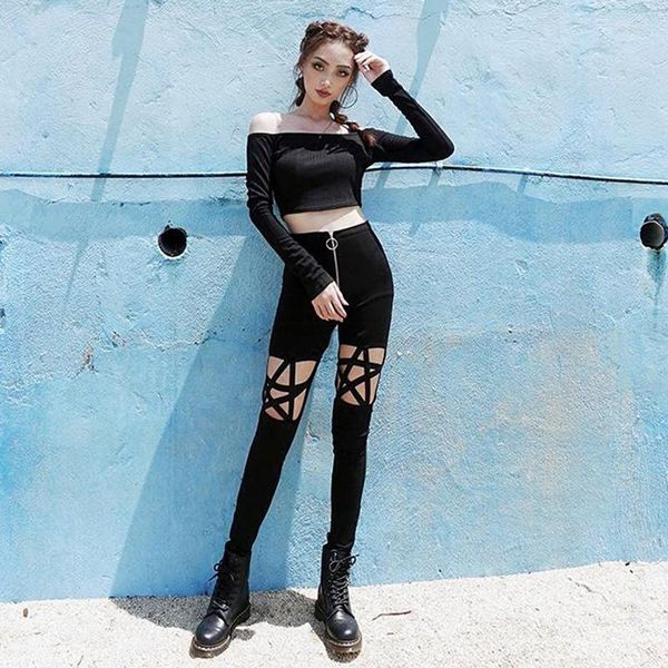 Damenjeans 2023 Hosen aushöhlen Pentagramm schwarze Leggings Bleistifthose Frauen schlanke dünne hohe Taille Reißverschluss schlichte coole sexy Stretchhose