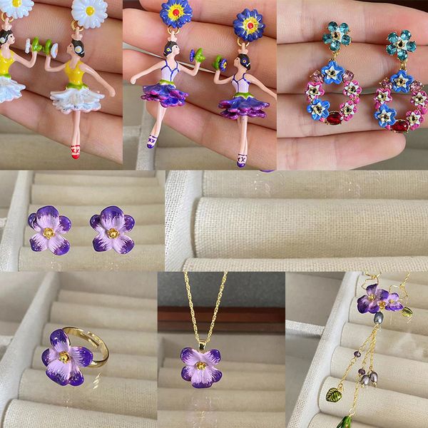 Hochzeitsschmuck-Sets Euro-Amerikanisches Emaille-Glasur-Blume-Violett-Ohrring-Halsketten-Ring-Set 230906