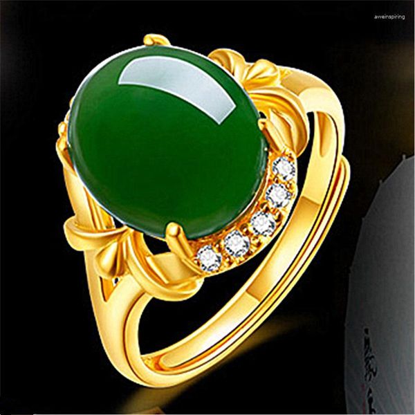 Anelli a grappolo Stile etnico Anello con diaspro Hetian intarsiato in oro Giada verde Calcedonio Bocca viva regolabile Innovativo