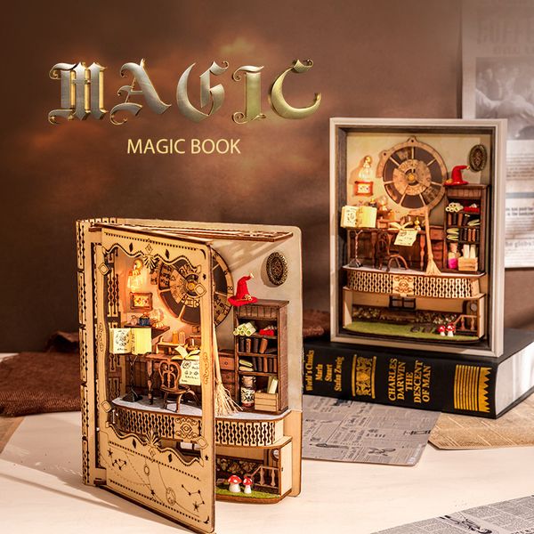 Modelo de aeronave DIY Livro de madeira Nook Shelf Insert Kit Dollhouse Miniatura Magic Po Frame Handmade Dollhouses para amigos Presente de artesanato de aniversário 230907