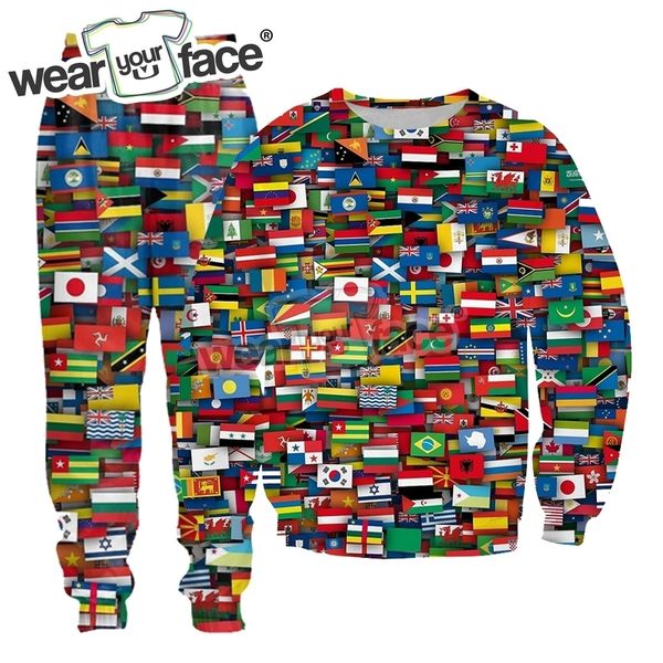 Fatos masculinos bandeiras de todos os países o mundo colagem 3d sobre moletom impresso sweatpants streetwear unisex conjuntos 230906