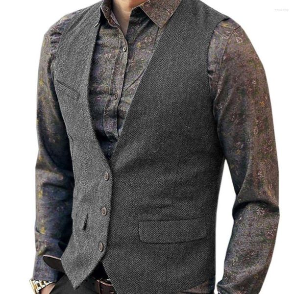 Herrenwesten 2023 Herringbone V-Ausschnitt Anzug Fashion Formal Slim Fit Business Kleid Weste für Smoking Echte Taschen