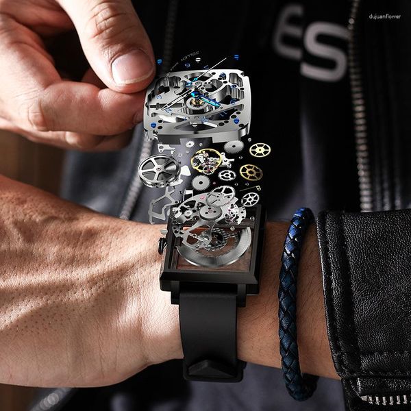 Armbanduhren Sollen Marke Mode Quadrat Zifferblatt Skeleton Design Mechanische Uhr für Männer Sport Silikonband Klassisch Transparent Hohl