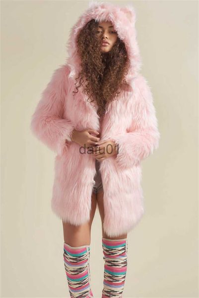 Mulheres Fur Faux Fur Mulheres Doce Rosa Casacos Feminino Inverno Grosso Quente Streetwears Animal Com Capuz Moda Outerwears Roupas X0907