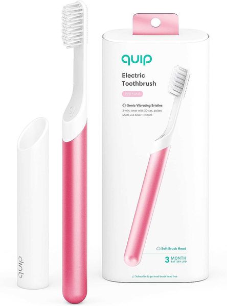Escova de dentes Quip Escova de dentes elétrica para adultos - Escova de dentes Sonic com capa de viagem e moldura, temporizador de cerdas macias e cabo de metal - rosaL2030907