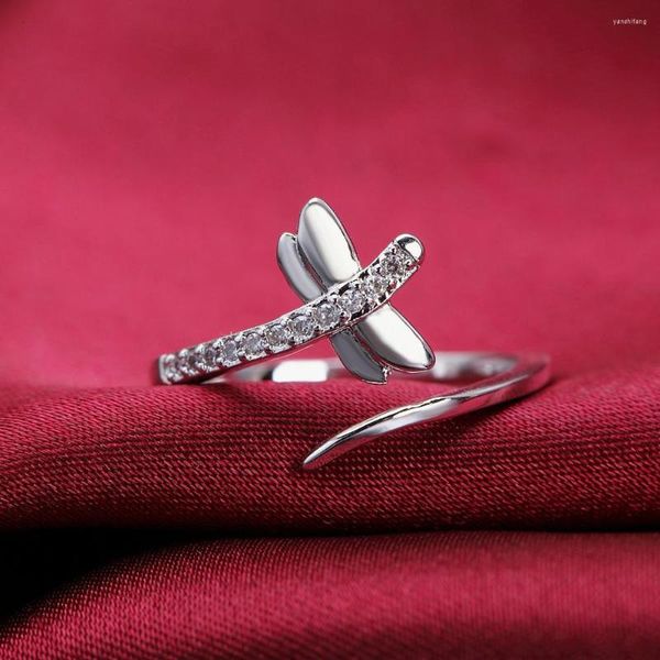 Cluster anéis charme 925 prata esterlina cristal libélula para mulheres ajustável moda casamento noivado festa presentes jóias