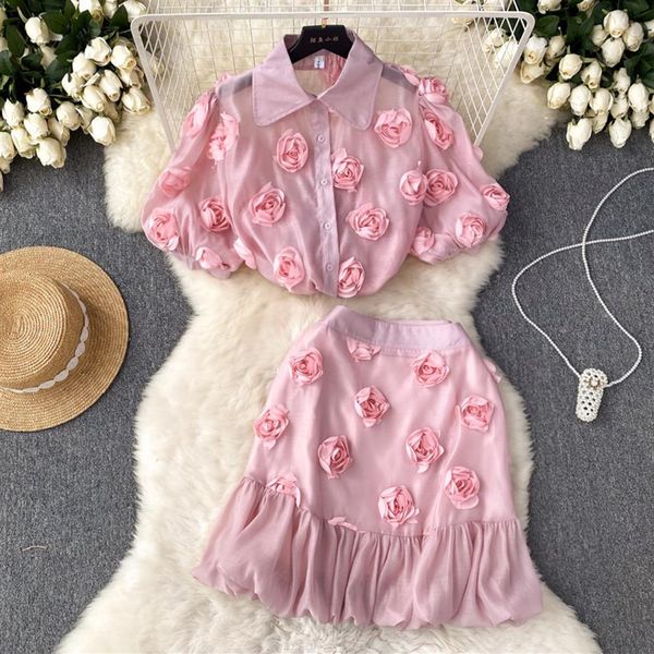Vestido de duas peças verão pista 2 peças terno feminino lapela manga puff 3d apliques flor rosa blusas e mini babados saia 2635
