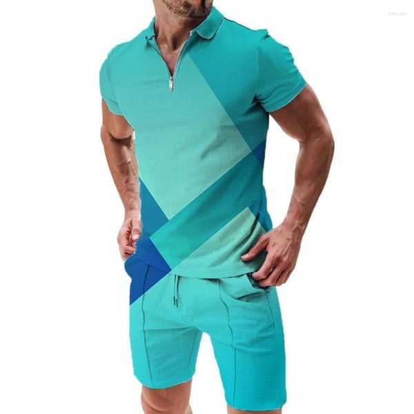 Tute da uomo Tuta sportiva estiva da uomo Polo con stampa sfumata di colore Pantaloncini Casual con risvolto Cerniera Abbigliamento elegante di alta qualità