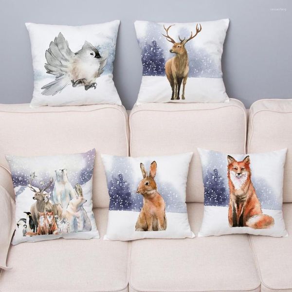 Travesseiro aquarela inverno animal impressão capa 45 capas super macio curto pelúcia travesseiros casos sofá decoração de casa fronha
