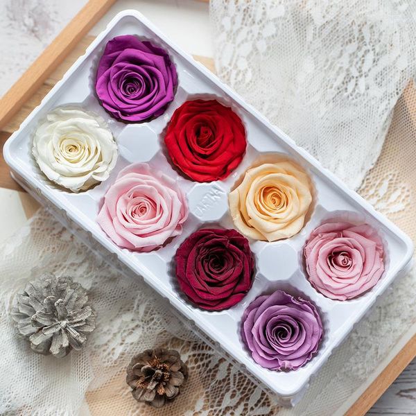 Flores decorativas 8 unidades/caixa preservadas cabeças de flores de rosa fresca 4-5cm rosas secas para ursinho de pelúcia artesanal faça você mesmo arranjo eterno presente