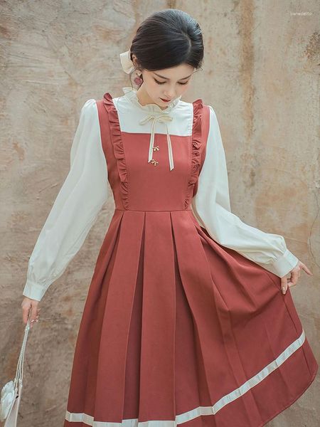 Casual Kleider Französisch Retro Für Frauen Herbst Stehkragen Rüschen Einfache Bogen Nette Süße Vestidos Weibliche Japanische Schöne Plissee kleid