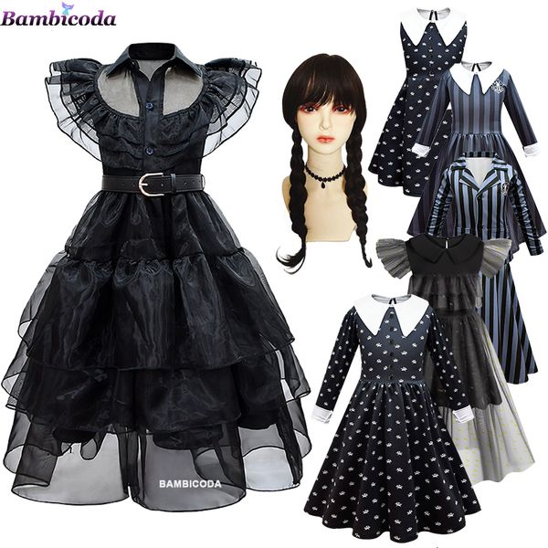 Tema traje quarta-feira addams cosplay para menina traje vestidos para crianças meninas malha vestidos de festa carnaval trajes 3-10 anos de idade 230907