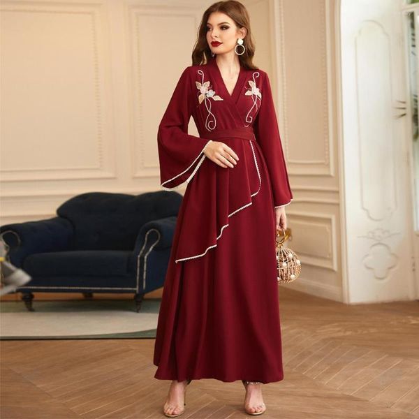 Этническая одежда, женская весенне-летняя мусульманская золотая вышитая жемчужная юбка, турецкая Абая, арабское исламское марокканское платье из крафтана
