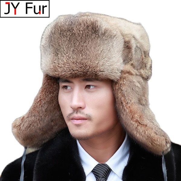 BeanieSkull Berretti Spessore Caldo Bomber Cappello Uomo Vera Pelliccia di Coniglio Paraorecchie Trapper Berretto Russo Maschile Plus Size Cappelli Invernali per Sci 230907