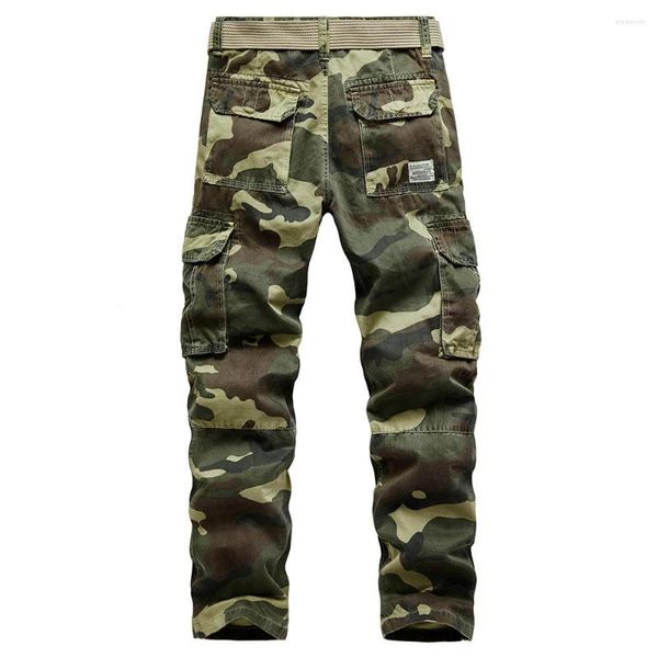 Calças masculinas carga azul camuflagem calças de algodão em linha reta multi-bolso casual macacão denim trabalho para masculino