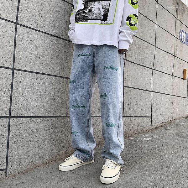 Jeans da uomo Blu ricamato Flare Slim Cargo Y2k Pantaloni larghi impilati Uomo Hip Hop Uomo Streetwear Casual Donna