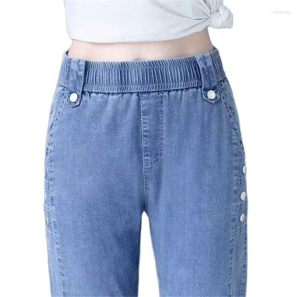 Jeans da donna Primavera Estate Donna 2023 Sottile Blu Elastico in vita Pantaloni a nove punti Pantaloni Harem a vita alta in puro colore femminile