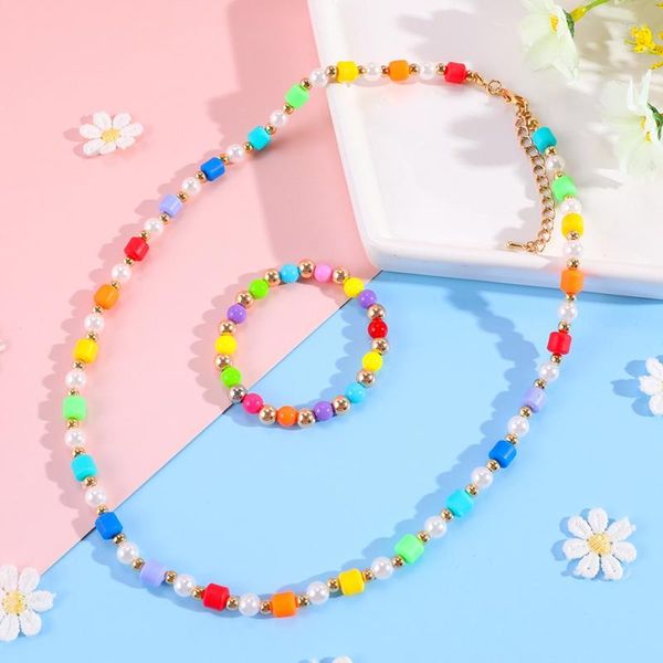 Colar brincos conjunto 2 pçs/set moda colorido bola contas jóias bonito pulseira de cristal para meninas crianças festa presente aniversário