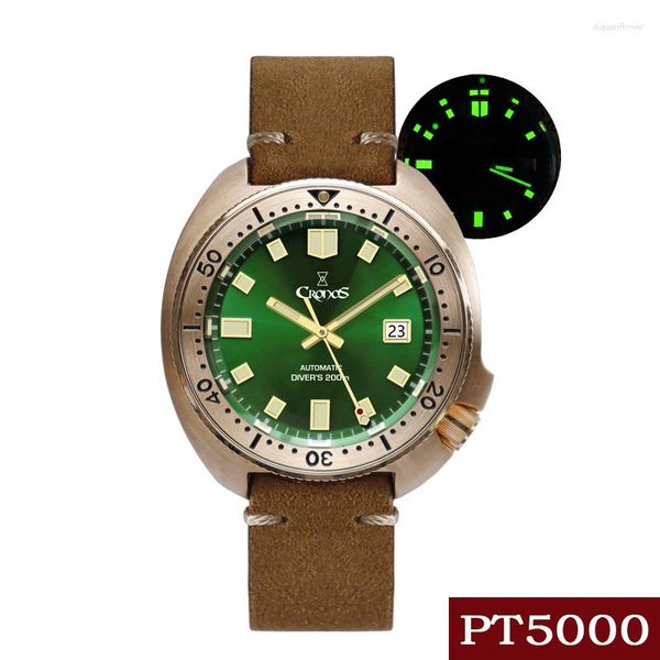 Orologi da polso Cronos L6006 Orologio subacqueo in bronzo 200M Resistente all'acqua PT5000 Meccanico automatico Zaffiro Luce verde Quadrante luminoso Cinturino in pelle