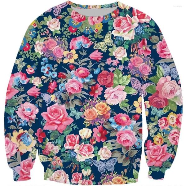 Moletons masculinos com estampa de flores lindas 3D em todo o moletom estampado para homens/mulheres harajuku floral manga comprida pulôver casual