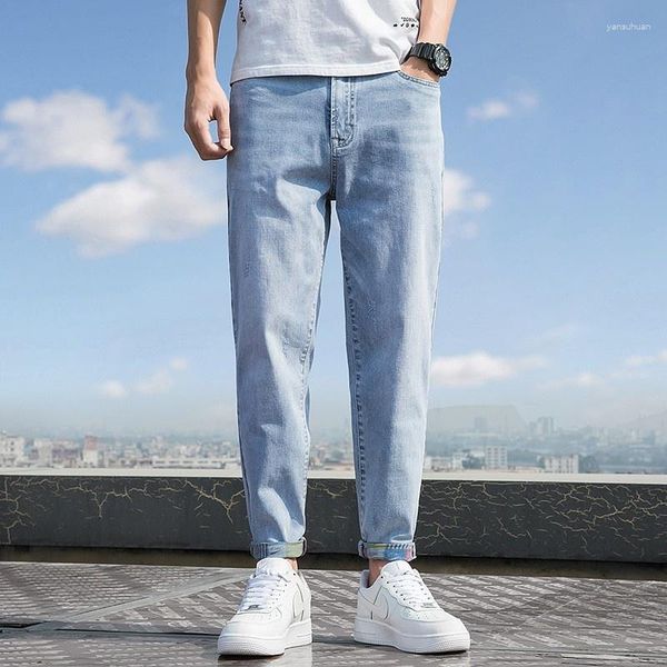 Calças masculinas primavera e verão tamanho grande jeans leves elástico nove pontos haren simples casual pé pequeno