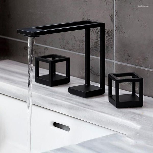 Rubinetti per lavandino del bagno Rubinetto di design Nero opaco Griglia quadrata Rubinetto per acqua 3 fori Miscelatore per lavabo freddo con montaggio su piano separato