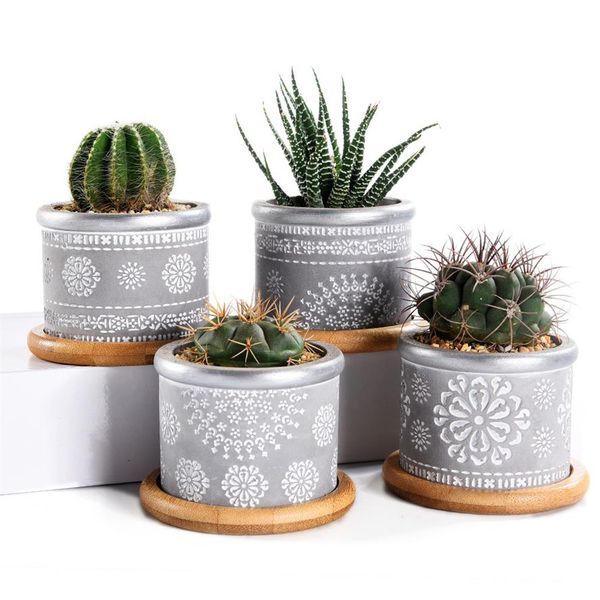 4In Set 2 Vasi da fioriera succulente in cemento da 95 pollici Vaso da fiori per interni Piccolo contenitore per fioriere in cemento per erbe con bambù Y200722653