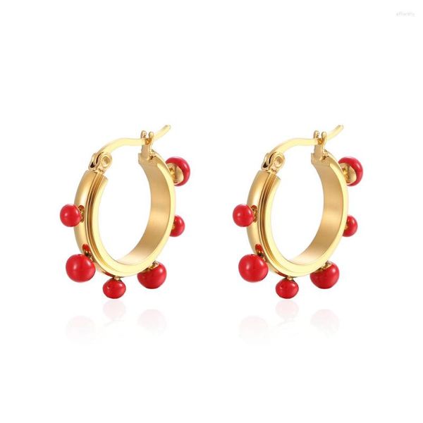 Orecchini a cerchio in acciaio inossidabile zircone pietra rossa perlina argento orecchino in oro rotondo tendenza moda per le donne