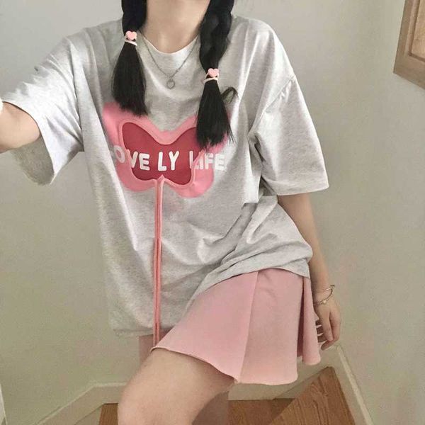 Deeptown coreano moda lettera grigia T-shirt donna stile preppy Kawaii oversize con lacci manica corta top femminile carino maglietta casual