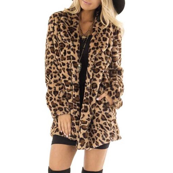 Pelliccia da donna Pelliccia sintetica 40# Tasca in pelliccia sintetica leopardata da donna Fuzzy Caldo inverno Capispalla oversize Cappotto lungo Cappotto con risvolto allentato Cappotto spesso caldo Taglie forti x0907