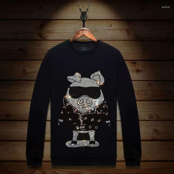 Felpe con cappuccio da uomo 2023 Cartoon uomo felpe maiale strass moda streetwear lungo pullover con cappuccio slim o collo uomo autunno abbigliamento