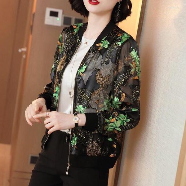 Damenjacken 2023 Koreanische Frühling Sommer Chiffon Print Sonnencreme Jacke Frauen Langarm Lose Elegante Reißverschluss Weibliche Spitze Mäntel Kleidung