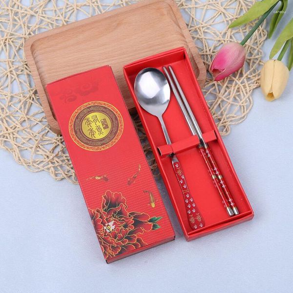 Partybevorzugung chinesischer Stil Essstäbchen Löffel Set Edelstahl Geschirr Hochzeitsgeschenke Gefälligkeiten für Gäste LX7810