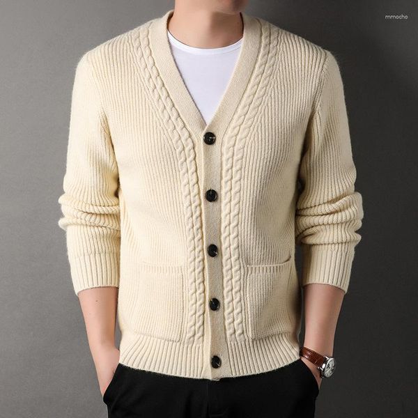 Мужские свитера 2023, осенний вязаный кардиган с v-образным вырезом, молодежный повседневный утолщенный модный вязаный свитер
