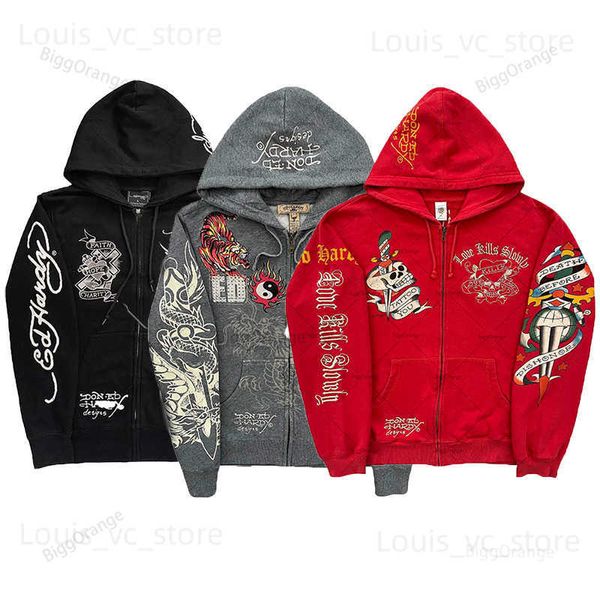 Erkek Hoodies Sweatshirts Erkek Hoodie 2023 Street Soath All-Match Harajuku Tarzı Y2K Zipper Sweatshirt Amerikan Gotik Kaya Kafatası Kemikleri Büyük Boy Hoodie T230907